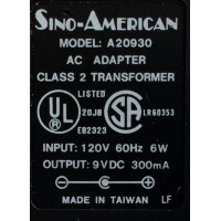 CARGADOR / ADAPTADOR DE FUENTE DE ALIMENTACION SINO-AMERICAN / VCA-VCD / NUMERO DE PARTE A20930 / E82323 / LR60353 / ENTRADA VCA 120V 60HZ 6W / SALIDA VCD 9V 300MA / MODELO A20930